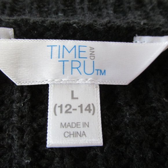 Time and Tru Cable Knit Sweater Womens Large Black Gray White Pullover Shirt Top - Picture 2 of 4